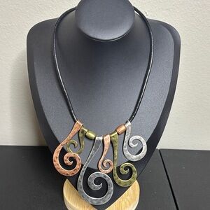 Patina Hammered Art to Wear Swirl Curly Metal Leather Statement Necklace